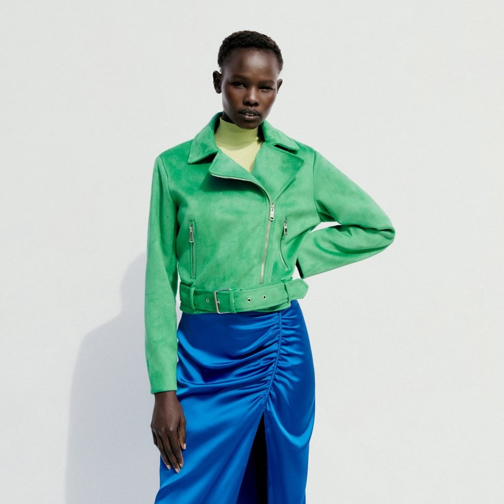 Zara Spring Green Faux Suede Leather Women's Cropped Classic Moto Biker Jacket